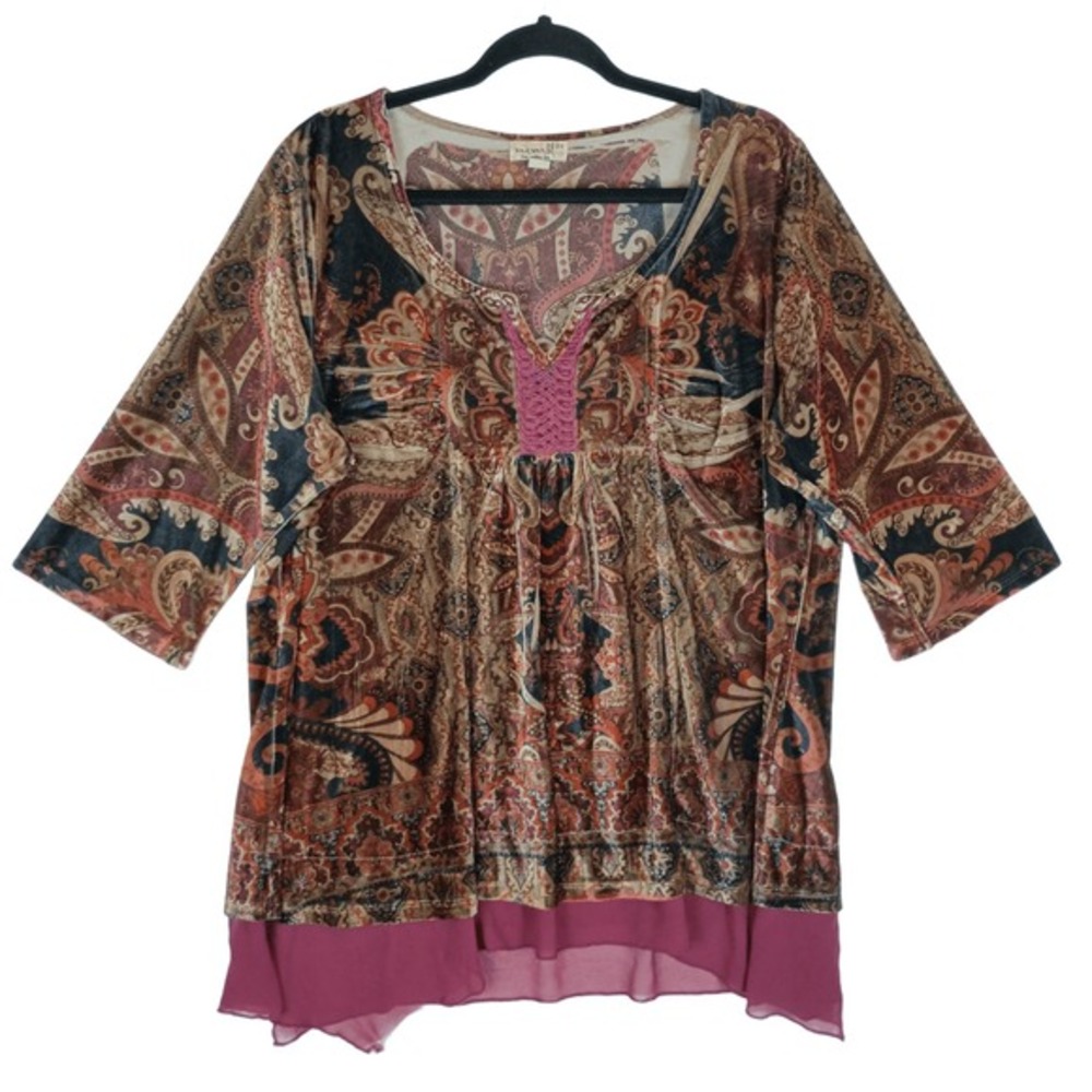 One‎ World Women's 2X Velvet Paisley Bohemian Relaxed Fit Tunic Top V-Neck Soft